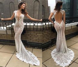 Sexy Berta Illusion Mermaid Wedding Dresses Bridal Gowns 2021 Cap Sleeve Beach Deep V Neck Lace Appliqued Vestido De Novia1295550