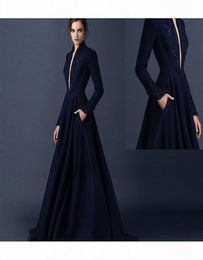 2016 New Navy Blue Satin Evening Dresses Paolo Sebastian Dresses Custom Made Beaded Evening Dresses Plunging V Neck Formal Dress1611968