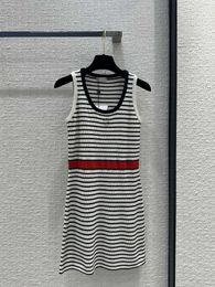 Casual Dresses 2024 Spring/Summer Black White And Red Contrast Round Neck Striped Knitted Tank Skirt Sleeveless A-line Woman Mni Dress