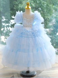 blue puffy flower girl dresses sheer neck crystals little girl wedding dresses 2024 communion pageant dresses gowns Girls Party Communion Dress Kids Birthday Cloth