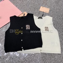 Pearl Button Tanks Top Women V Neck Vest Crystal Letter Vests Luxury Knitted T Shirt