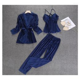 Home Clothing Womens Robes Pyjama Sets 2024 Faux Silk Lace Autumn Spring Casual Ladies 3 Pcs Silky Pyjamas Pants Set Sleep Lounge