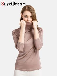 SuyaDream Women Turtleneck Long Sleeved Solid Pullovers Knitted Natural Silk Chic Bottoming T Shirt Spring Autumn TOP 240325
