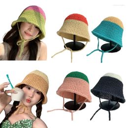 Berets Handmade Straw Weaving Bucket Hat Women Summer Beach Color Matching Sun Teen Girls Casual Outdoor Fisherman Po Props