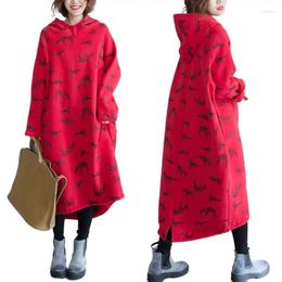 Casual Dresses Animal Printed Hooded Dress Winter Autumn Loose Thick Woman Full Sleeves Cute Vestidos 2024 Red