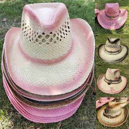 Wide Brim Hats Bucket Hats New Pink Hollow Weave Cowboy Hat Straw Hat Star Jazz Straw Hat Panama Paper Grass Western Denim Hat Fashion Travel Hat 2023 Y240409