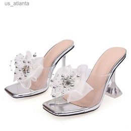 Dress Shoes Liyke Summer Transparent For Women Slippers Crystal Flowers Square Toe Clear Heels Mules Slides Party PVC Sandals H240409