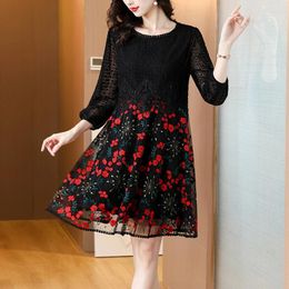 Casual Dresses Summer Embroidery Natural Silk Mesh Floral Sexy Midi Dress 2024 Spring Korea Fashion Beach Women Luxury Elegant Party Robe