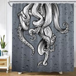 Marine Animals Octopus Shower Curtains White Tentacle Retro Map Starfish Green Plant Sea Turtle Bath Curtain Bathroom Decor Sets