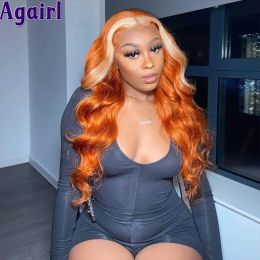 HD Full Lace 360 Human Hair Wigs 13x6 Transparent Lace Frontal Body Wave Wigs Ginger Orange Lace Front Wig With Blonde Streaks