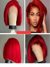 Short Bob Red Straight Lace Front Human Hair Wig Preplucked Hairline Peruvian Remy burgundy wig With Baby Hair6873996