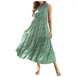 Casual Dresses Holiday Ruffled Hem Women's One Shoulder Lace Up Dress Bohemian Floral Print Tunic For Women Vestido