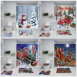 Christmas Shower Curtain Set Funny Santa Claus Snowman Red Truck Xmas Tree New Year Bathroom Decor Rug Bath Mat Toilet Lid Cover