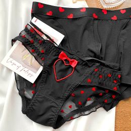 Heart Printed Couples Panties Sexy Low Waist Mesh Hollow Out Underwear Soft Breathable Boyfriend Girlfriend Valentine's Day Gift