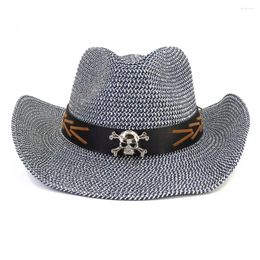 Berets Skull Leather Belt Decoration Western Cowboy Hat Men Women's Wide Brim Straw Beach Sun With Wind Proof Rope Riding Cap