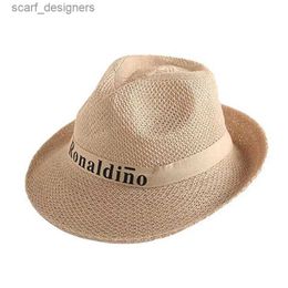 Wide Brim Hats Bucket Hats Men Polyester Imitation Raffia Breathable Letter Western Cowboy Cap Summer Travel Wide Brim Sunscreen Straw Knit Sun Hat R69 Y240409