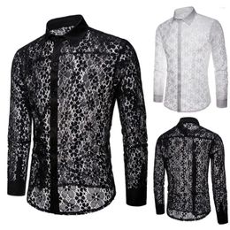 Men's Casual Shirts Turn Down Collar Cotton Men Long Sleeve Buttons Shirt Solid Colour Sexy Lace See Through Clubwear