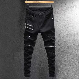 Men's Jeans Strtwear Fashion Men Jeans Black Elastic Slim Fit Destroyed Ripped Jeans Men Zipper Designer Hip Hop Stretch Denim Punk Pants T240409