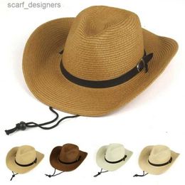 Wide Brim Hats Bucket Hats Men Summer Cowboy Knit Straw Hat Fashion Big Wide Brim Casual Beach Sun Sunscreen Block UV Protection Leather Belt Buckle Cap W1 Y240409