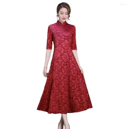 Casual Dresses Women Dress Stand Collar Chinese Half Sleeves A-line Qipao Big Hem Printed Mid-calf Length Mother Banquet