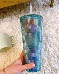 Mugs Mus With Iridescent Blin Rainbow Unicorn Mermaid oddess Studded Cold Cup Tumbler Coffee Mu with Straw Reusable ift 1115 L49
