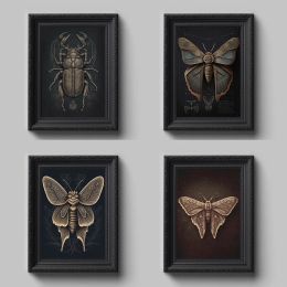 Vintage Dark Academia Insect Beetle And Golden Moth Poster Canvas Painting Wall Art Pictures Gothic Style Home School Decor