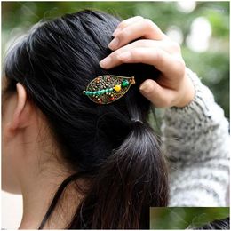 Hair Clips Barrettes Fashion Nature Stones Vintage Hairjewelry Colored Stone Ethnic Thailand Copper Alloy Leaf Drop Delivery Jewelry Dhnce