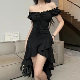 Casual Dresses Harajuku Y2k Gothic Black Dress Women Sexy Square Collar E-girl Long 2024 Lace Up Bandage Elegant Bodycon Summer