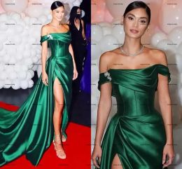 Hunter Green Red Carpet Evening Dresses Off Shoulder Slit Dubai Arabic Aso Ebi Pleated Stain Prom Dress Vestidos De Noche BC12827