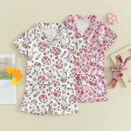 Boy Girl Easter Pyjamas Set Egg Bunny Print Lapel Button Down Short Sleeve Tops with Shorts Summer 2 Pieces Sleepwear Clothes 240325