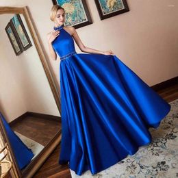 Party Dresses Elegant Beaded Halter Evening Satin Dark Blue A-Line Sequin Floor Length Prom Backless