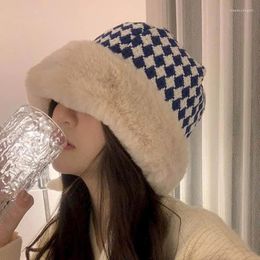 Berets Bucket Hats Women Plush Plaid Korean Style Keep Warm Fleece Knitted Winter Padded Free Shiping Items Caps For