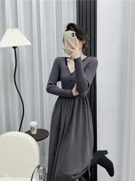 Casual Dresses Vintage Grey Knitted Sweater Long Sleeve Pleated Dress Women Korean Slim Elegant Fall Winter Button V Neck Party Chic