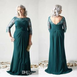 Vintage Mother of the Bride Dresses Long Sleeves Lace Appliqued Beads Chiffon Evening Gowns Floor Length Plus Size Wedding Guest Dress