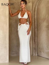 Summer Knitted Crochet 2 Piece Set Lace Up Halter Crop Top and Maxi Skirt Matching Co Ords Outfits Y2K Clothes Party Elegant 240401