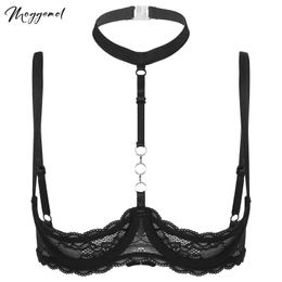 Womens Halter Neck O Ring 14 Cups Underwire Bra Sheer Lace Push Up Brassiere Breast Underwear Adjustable Spaghetti Straps Tops 240320