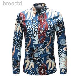 Men's Casual Shirts Mens Floral Print Shirts Chemise Blue Long Sleeve Slim Fit Shirt Male Casual Homme Cotton Satin Man Clothing 240409