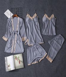 Qweek 5 Pieces Sets Women Pyjama Set Sexy Lace Satin Sleepwear Pyjamas for Pijama Pyjama Casual Sleep Lounge T2001111803250