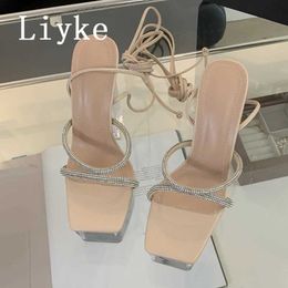 Dress Shoes Liyke Transparent Thick Bottom Square Toe Chunky Platform Sandal Women Ultra High Heels Fashion Lace Up Ladies Banquet Prom Shoe H240409 LMLM