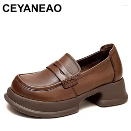 Dress Shoes Autumn Women Thick Heel Slip-On Loafers Handmade Retro Genuine Cow Leather Chunky Platform Casual