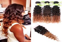 Deep Wave Human Hair Ombre Weave 3 Bundles With 44 Lace Closure 1B427 Three Tone Dark Brown Honey Blonde Hair Extension3785873