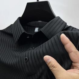 Men's Polos Ice Silk Polo Shirts For Men Luxury Brands 2024 Summer Breathable Button Down T-Shirts Business Casual Loose Plaid Short Sleeved