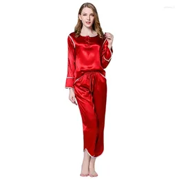 Home Clothing Women's Automn Silk Long-sleeved Trousers Pyjamas Set Button Wear Elastic Lace Waistband Sleepwear