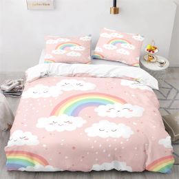 Rainbow Duvet Cover Set Love Rabbit Ear Cute Kawaii Pattern Comforter Cover King Queen Twin Full Size Polyester Bedding Sets