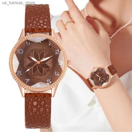 Wristwatches Women 2023 New Simple Brand Retro Flowers Pointer Design Quartz es Fashion Brown Leather Lady Gift Clock Wristes240409