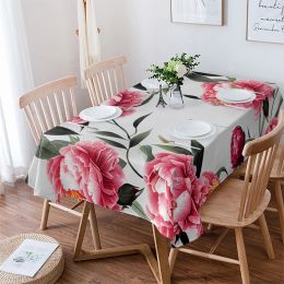 Peony Flower Ink Painting Waterproof Rectangular Tablecloth Dining Table Coffee Table Cover Outdoor Picnic Cloth