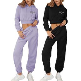 Custom Womens Sets High Quality Women Casual Hoodie Crop Tops and Pants Solid Colors Two Piece Sweatsuits
