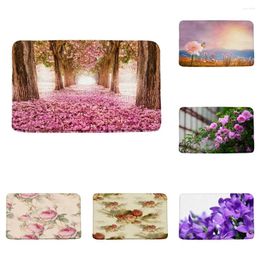 Bath Mats Cherry Blossoms Garden Road Watercolour Flowers Rural Floral Green Leaves Flannel Bathroom Rug Non Slip Kitchen Doormat