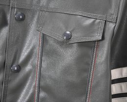 Men's pu jacket coat korean casual lapel pocket slim couple leather Four bars classic striped