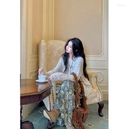 Work Dresses Design Inspired Hollowed Out Sweater Versatile Knit Long Sleeves French Vintage Floral Drawstring Dress Women Set Young Ladies